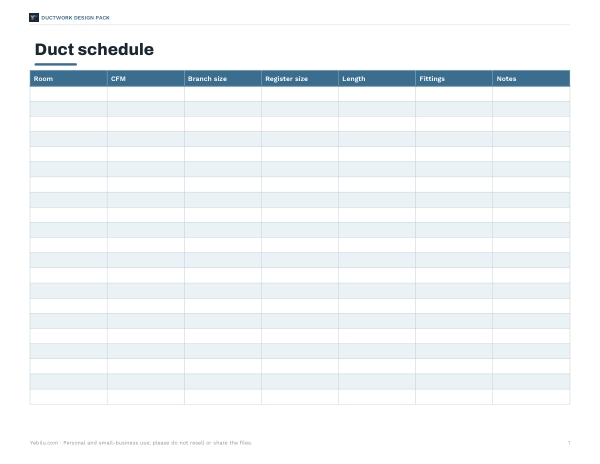 Preview of Printable Duct Schedule Chart